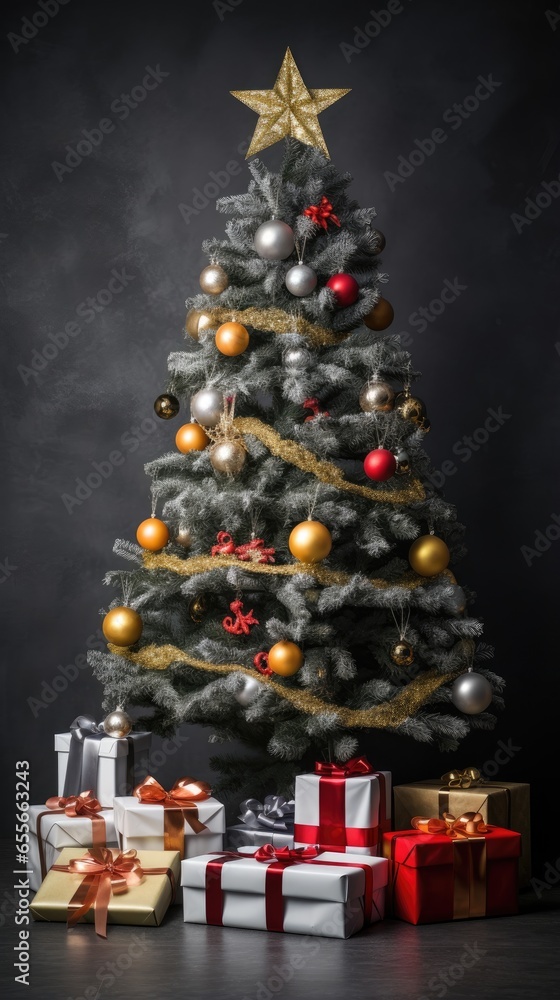 Festive Christmas New Year background. Holiday Christmas winter tree