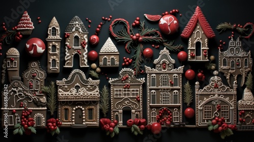 Homemade gingerbread houses. Christmas and Happy New Year background. Flatlay, top view.