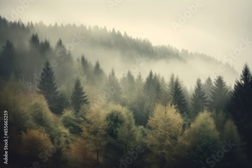 A misty forest with dense foliage and towering trees