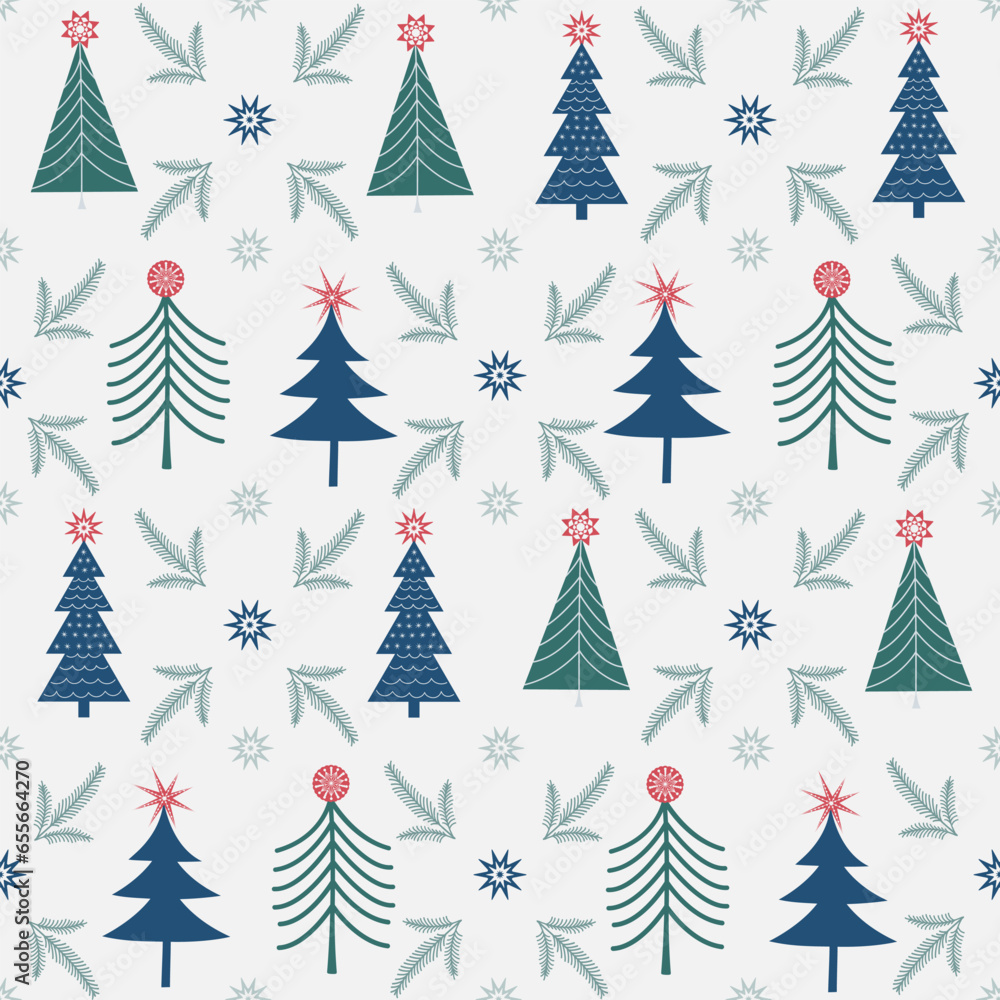 Winter seamless pattern in Scandinavian style. Christmas trees, stars, decorations.