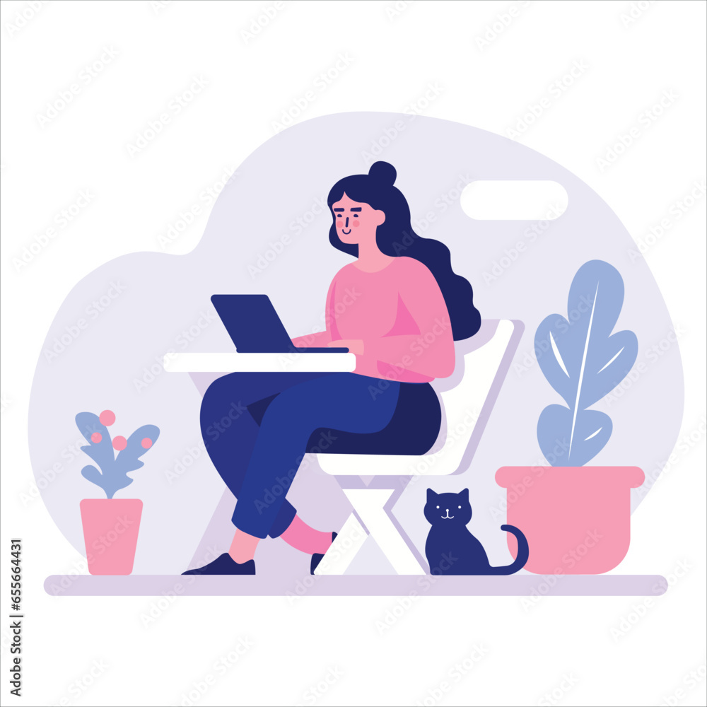 Work at home concept design. Freelance woman working on laptop at her house. Vector illustration isolated on white background. Work at home concept design. Freelance woman working on laptop at her house. Vector illustration isolated on white background.