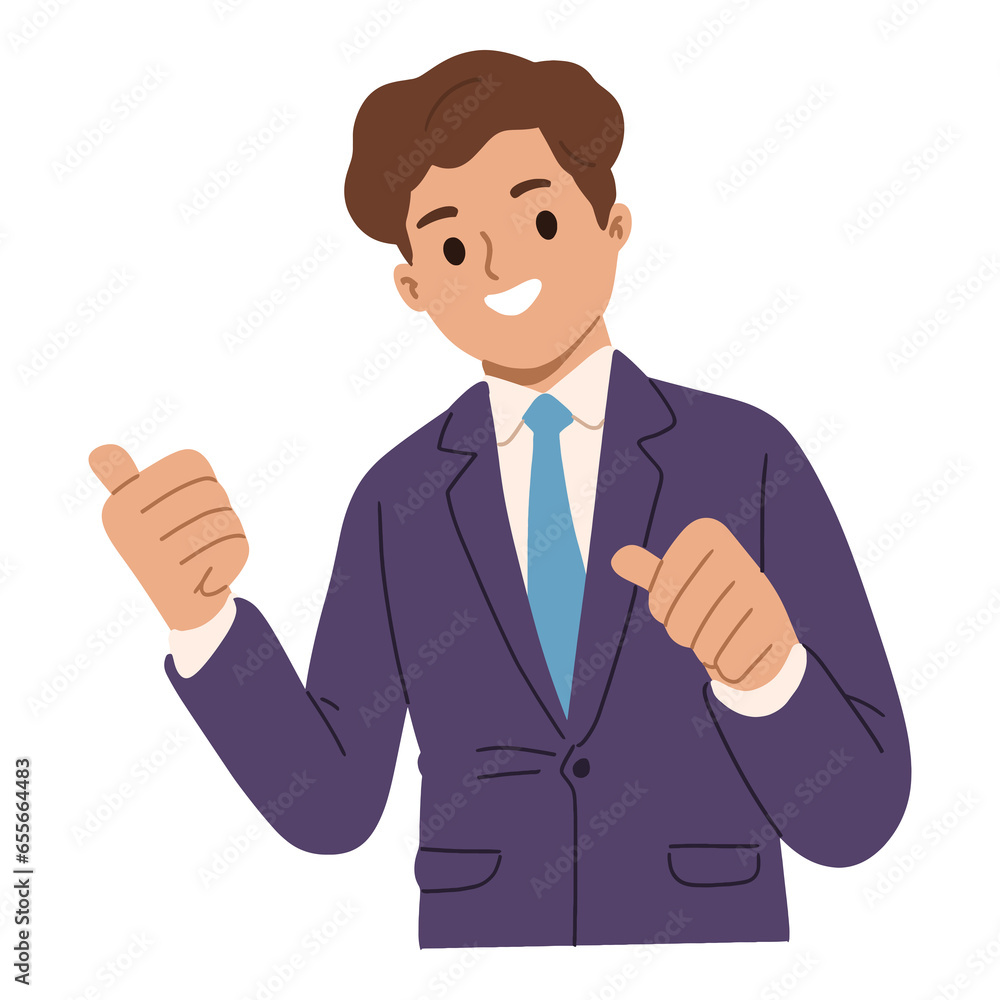 The young businessman pointed politely with his thumb The young businessman pointed politely with his thumb