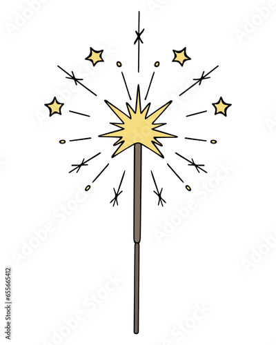 Sparkler. Pyrotechnics. Color vector illustration. Cartoon style. Yellow sparks from a lit fire in the form of stars. Isolated background. A burning attribute for a festive event. Idea for web design.