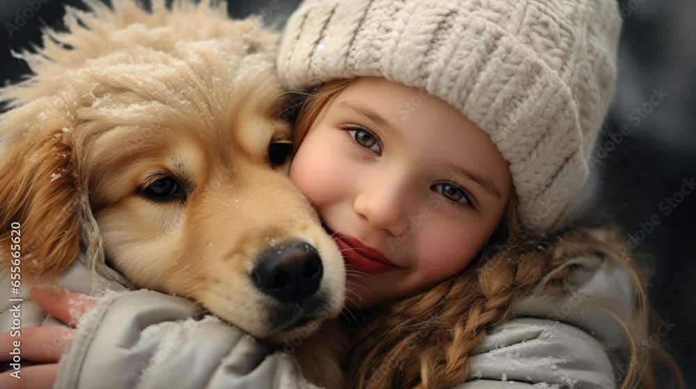 Cute little girl hugging golden retriever with love, smiling
