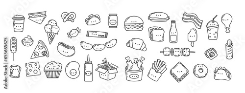 Set Kawaii Sticker Fast Food Coloring Page. Collection Cute Kawaii Fast Food Illustrations Outline.