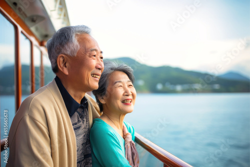 An elderly couple of Asian appearance on the deck of a ship or liner against the backdrop of the sea. Happy and smiling people. Travel on a sea liner. Love and romance of older people © Anoo