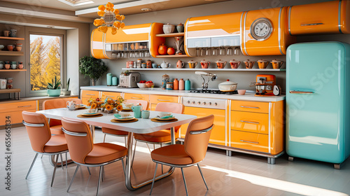 Interior in blue and orange colors kitchen in 60s style  high quality digital for design project