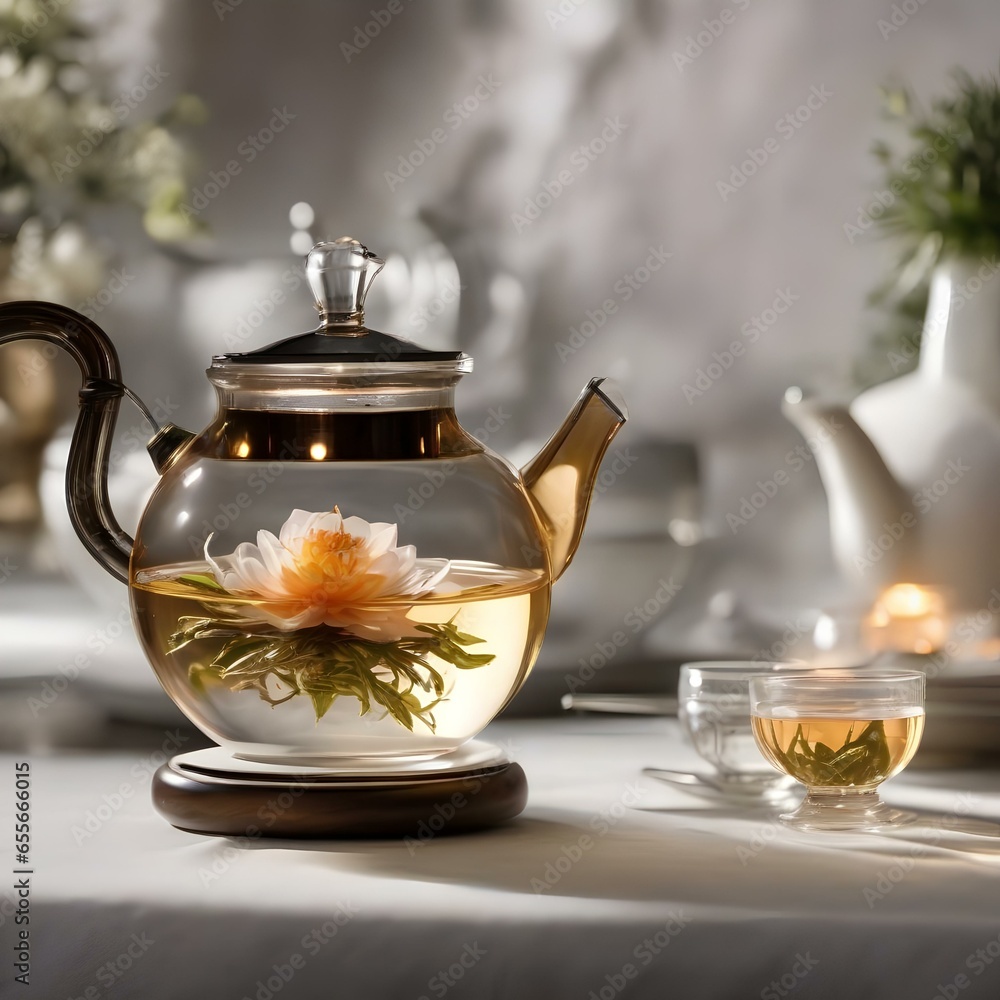 A glass teapot with blooming tea unfurling in hot water, creating an elegant display3 A glass teapot with blooming tea unfurling in hot water, creating an elegant display3