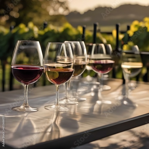 A row of wine glasses on an outdoor terrace overlooking a picturesque vineyard2