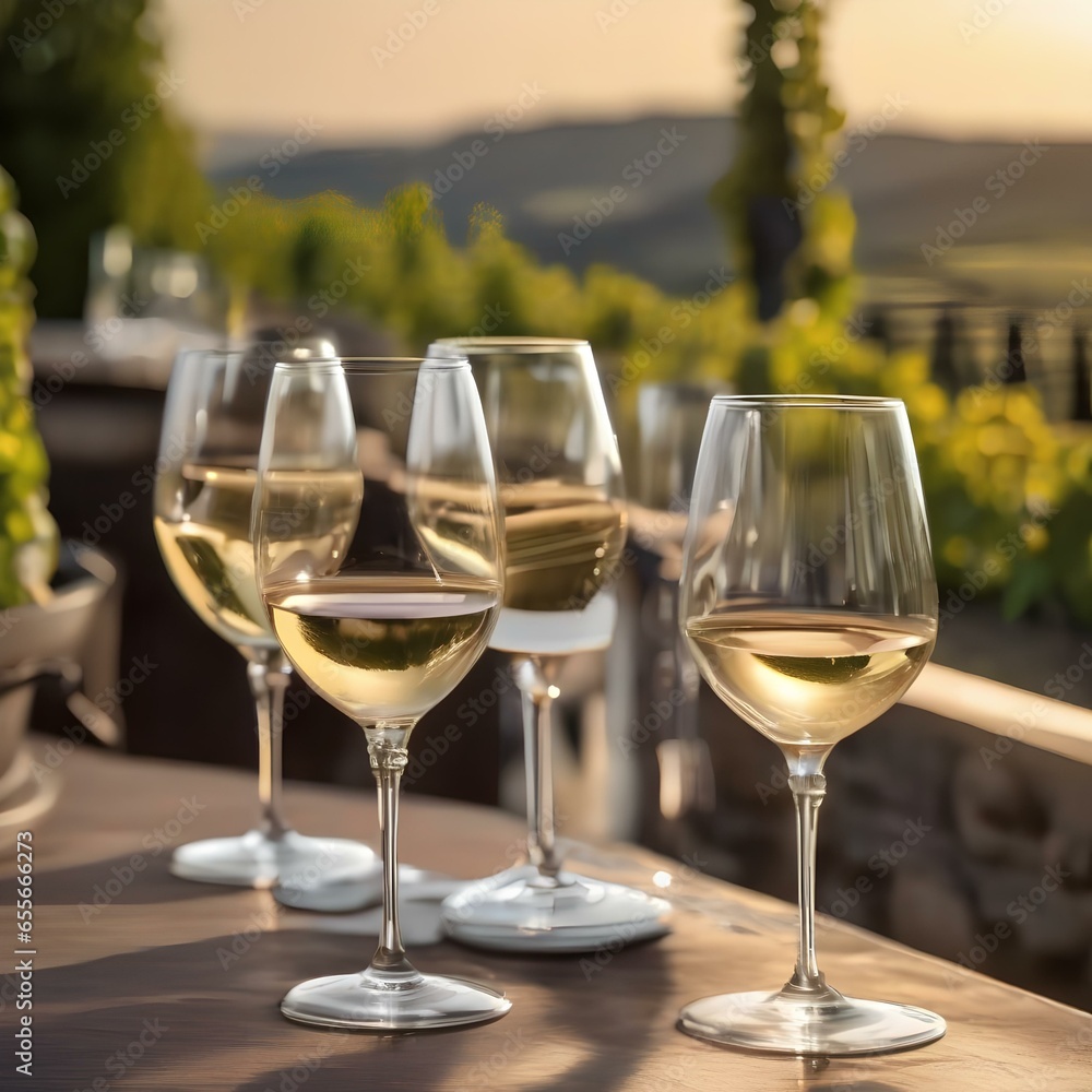 A row of wine glasses arranged on a sunlit terrace overlooking a picturesque vineyard4 A row of wine glasses arranged on a sunlit terrace overlooking a picturesque vineyard4