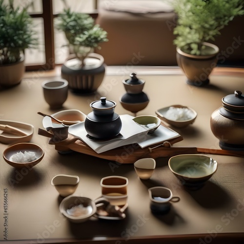 A traditional Japanese tea ceremony with a thoughtfully arranged tea set, exuding an atmosphere of tranquility and tradition2