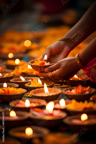 Hands lighting Diwali diyas, symbolizing the victory of light over darkness photo