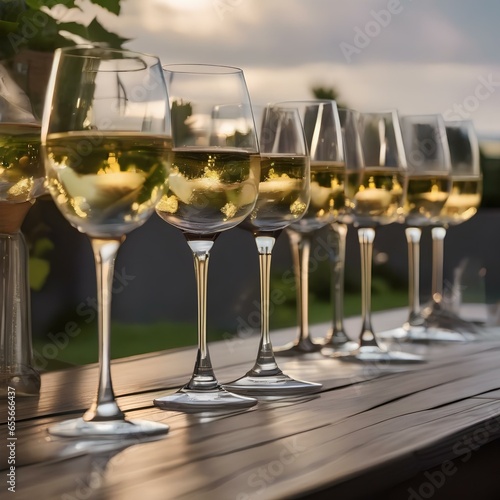 A row of wine glasses on an outdoor terrace overlooking a picturesque vineyard1 photo
