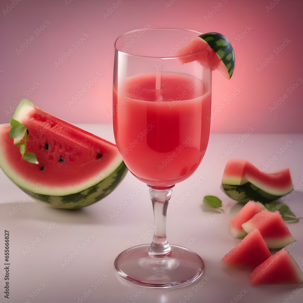A glass of freshly squeezed watermelon juice with a watermelon slice garnish2 A glass of freshly squeezed watermelon juice with a watermelon slice garnish2
