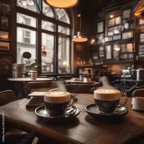 A cozy corner in a vintage coffee shop with steaming cups of latte and cappuccino adorned with artful foam3