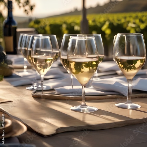 A row of wine glasses arranged on a sun-soaked terrace overlooking a scenic vineyard2