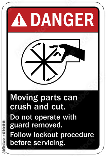 Crush and cut hazard warning sign and labels Moving parts can crush and cut. Follow lockout procedure before servicing.  Do not operate with guard removed.