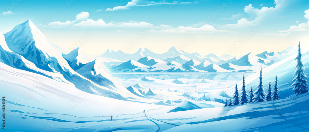 Snowy winter landscape. panorama of glade and forest with mountains view. Winter holidays illustration. Scenery background . Generative ai