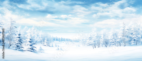 Winter holidays illustration. Scenery. Mysterious wonderwood background. Snow falling at forest and meadow landscape.Christmas Greeting card. Generative ai © Inai