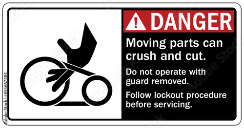 Crush and cut hazard warning sign and labels Moving parts can crush and cut. Follow lockout procedure before servicing.  Do not operate with guard removed.