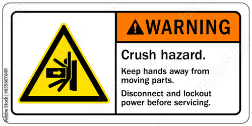 Crush and cut hazard warning sign and labels Moving parts can crush and cut. Follow lockout procedure before servicing.  Do not operate with guard removed.