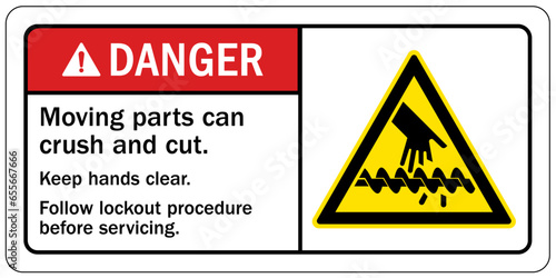 Crush and cut hazard warning sign and labels Moving parts can crush and cut. Follow lockout procedure before servicing.  Do not operate with guard removed.