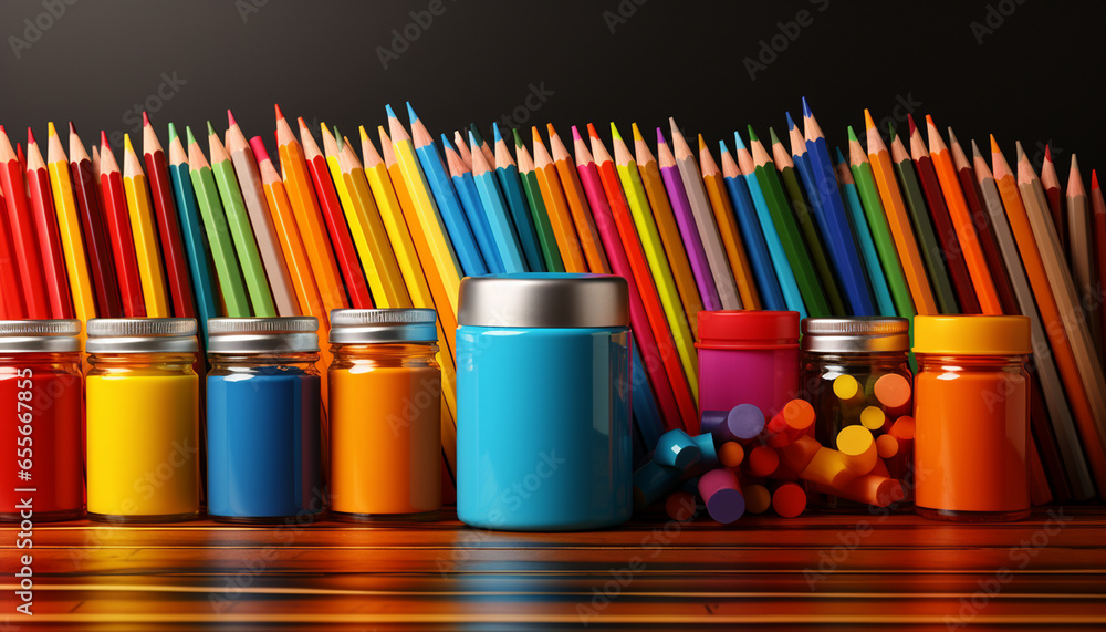 Fototapeta premium Lots of coloured pencils, acrylic paints in jars and other creative supplies. A lively school still life