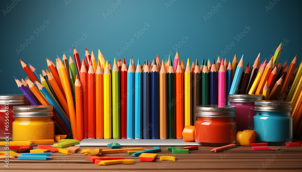 Lots of coloured pencils, acrylic paints in jars and other creative supplies. A lively school still life Lots of coloured pencils, acrylic paints in jars and other creative supplies. A lively school still life