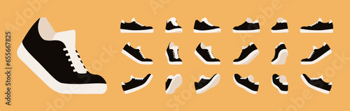 Sport black shoes set, walking, racer running trainer, active game sneakers practice, performance. Athletic gym footwear, accessory. Health, wellness, physical education fitness cartoon illustration