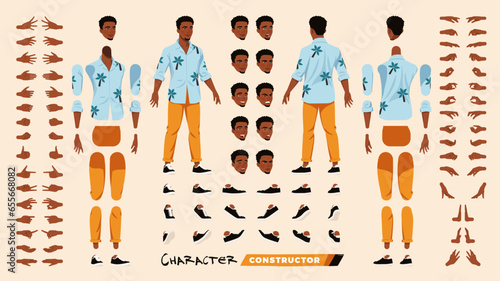 African american man, Hawaiian shirt character DIY constructor. Summer travel black blogger. Head, leg, hand gestures, male tropical island tourist different emotions. Vector cartoon construction kit