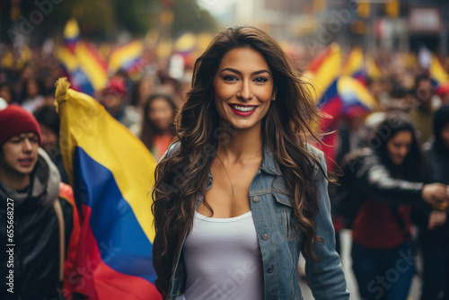 Colombian people with their flag. pride and passion through their flags vibrant colors. national identity Celebrate Colombian peoples diversity, including youngsters, adults, and elders. photo