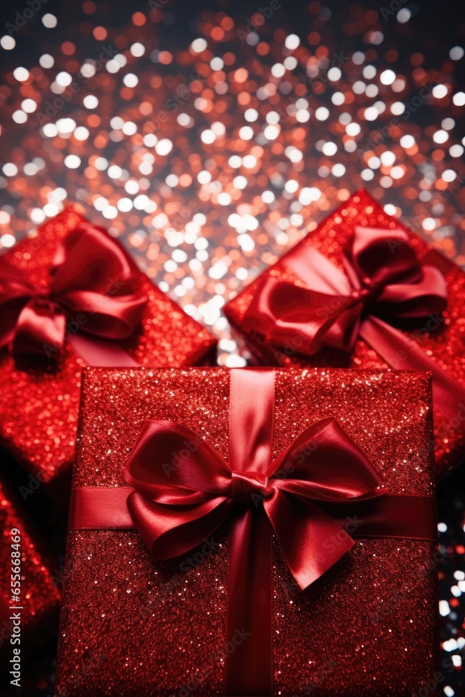 Festive Christmas New Year background with surprise box. Holiday Christmas gift box Festive Christmas New Year background with surprise box. Holiday Christmas gift box