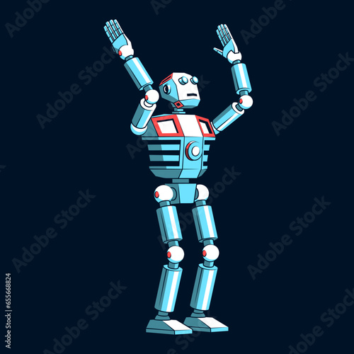 Humanoid robot has raised its arms and is looking up. Vector illustration in retro style.