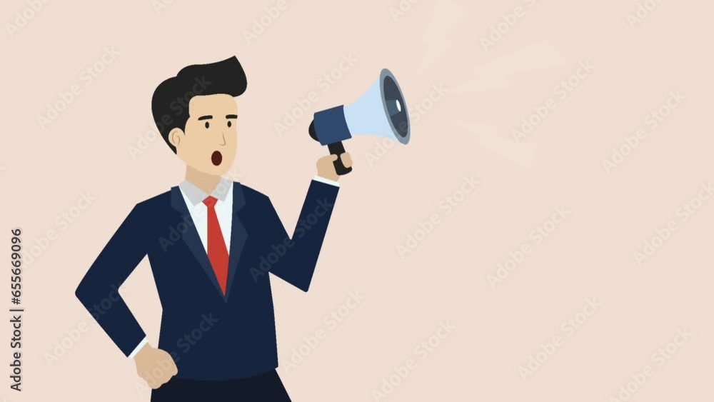 Business announcement animation, speaking loudly for promotion concept, animation of young businessman using megaphone speaking loudly to be heard in public. Businessman illustration animation. Business announcement animation, speaking loudly for promotion concept, animation of young businessman using megaphone speaking loudly to be heard in public. Businessman illustration animation.