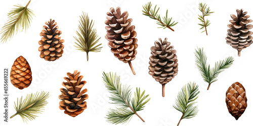 Set watercolor Christmas pine cones on white background.