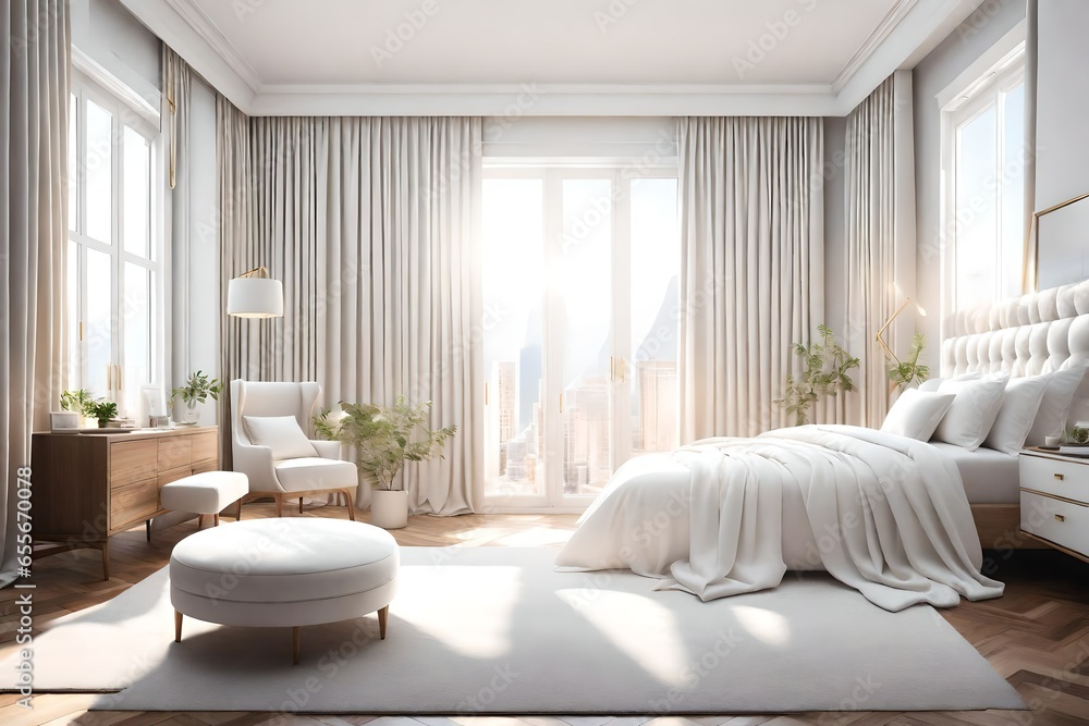 A photorealistic 3D rendering of a bedroom with a bed with a white comforter and pillows on it, a large window, and a white chair with a footstool.