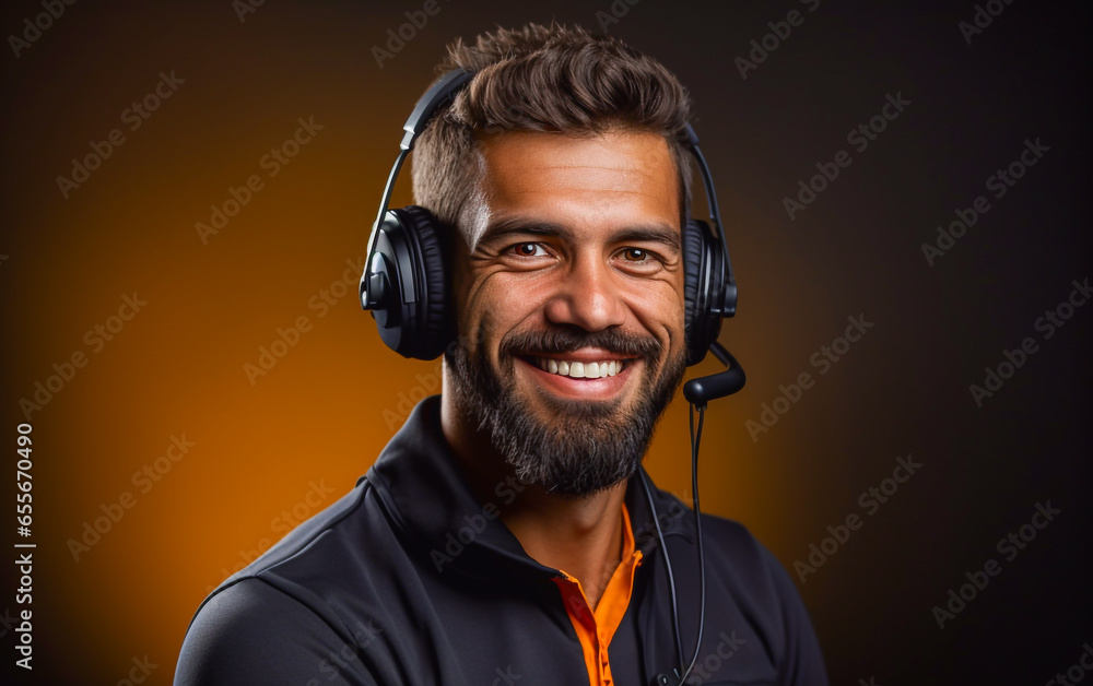 Smiling man call center operator talks to customer Smiling man call center operator talks to customer