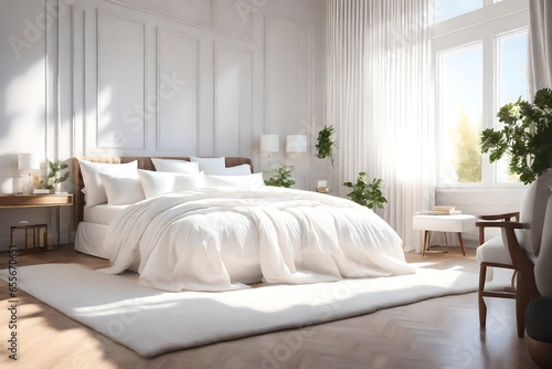 A photorealistic 3D rendering of a bedroom with a bed with a white comforter and pillows on it  a large window  and a white chair with a footstool.