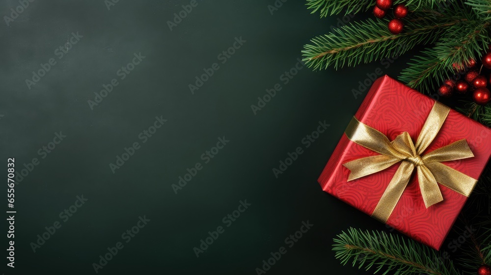 Fototapeta premium Festive Christmas New Year background with surprise box. Holiday Christmas gift box