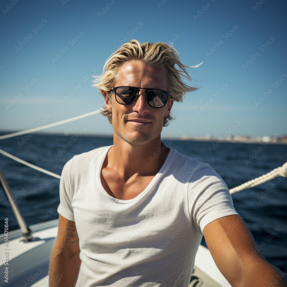 Ein lebensfreudiger Kapitän auf einem Segelboot, umgeben von blauen Wasser und strahlendem Wetter - Segelspaß pur - AI-generiert