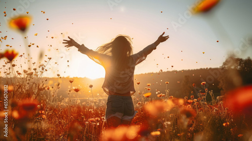 Eine junge Frau läuft durch eine herbstliche Blumenwiese - pure Freude und ökologische Naturschönheit erleben - AI-generiert photo