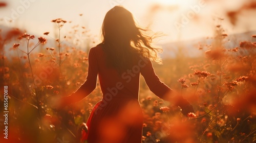 Eine junge Frau läuft durch eine herbstliche Blumenwiese - pure Freude und ökologische Naturschönheit erleben - AI-generiert