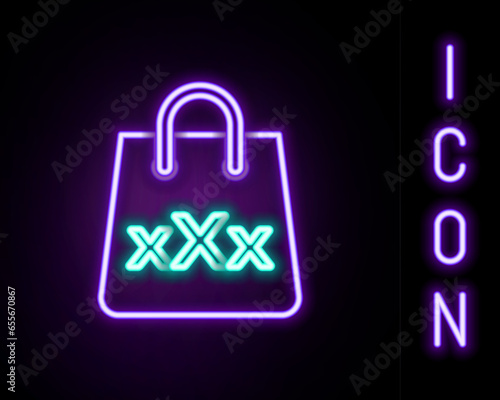 Glowing neon line Shopping bag with a triple X icon isolated on black background. Colorful outline concept. Vector