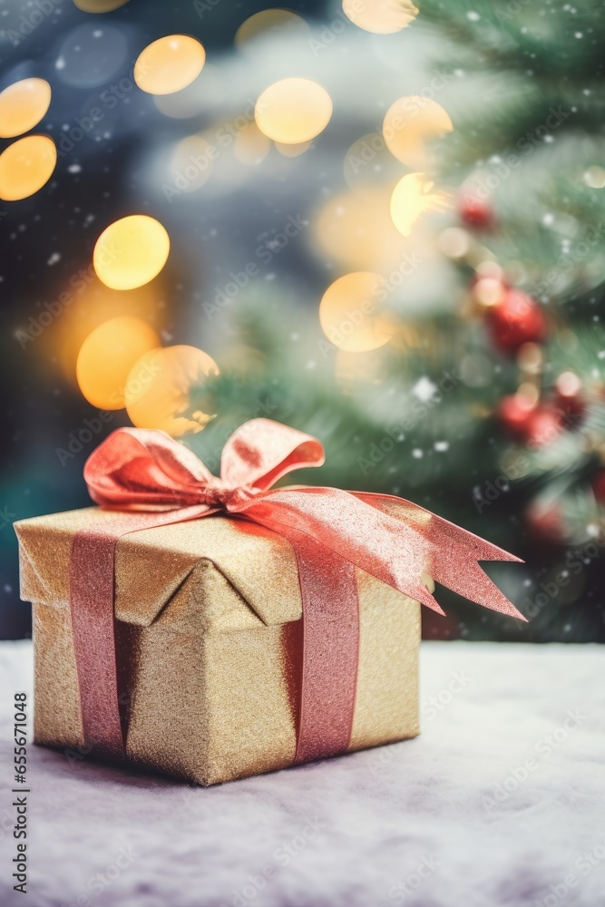 Festive Christmas New Year background with surprise box. Holiday Christmas gift box Festive Christmas New Year background with surprise box. Holiday Christmas gift box