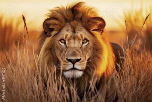Majestic male lion lying in long grass at sunset