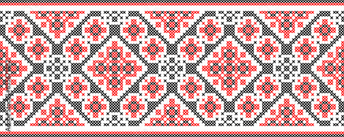 Vector illustration of Ukrainian ornament in ethnic style, identity, vyshyvanka, embroidery for print clothes, websites, banners. Background. Geometric design, border, copy space, frame