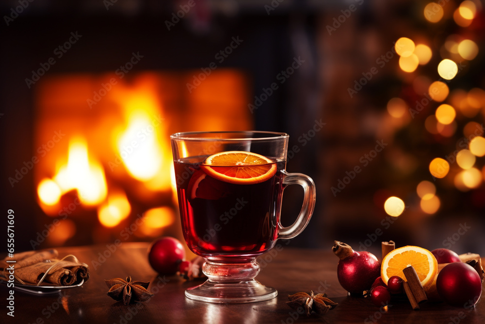 illustration of christmas mulled wine with spices with fireplace in background. Created with Generative AI illustration of christmas mulled wine with spices with fireplace in background. Created with Generative AI