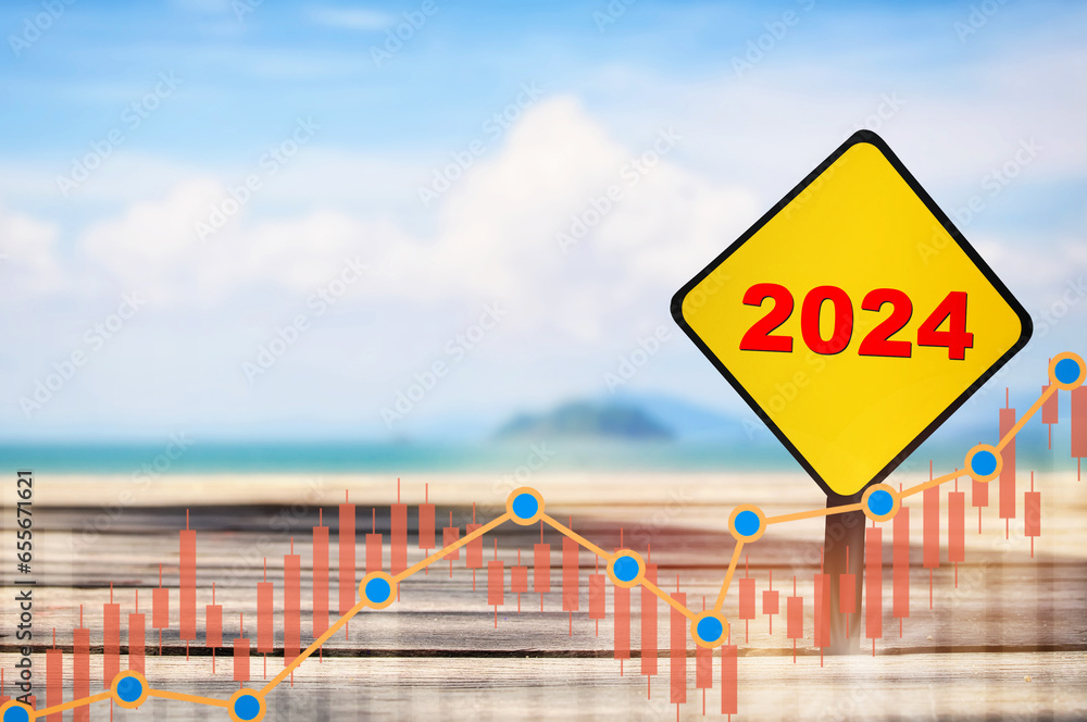 New year 2024 written on yellow sign with growth graph. Sustainable future concept and recovery idea