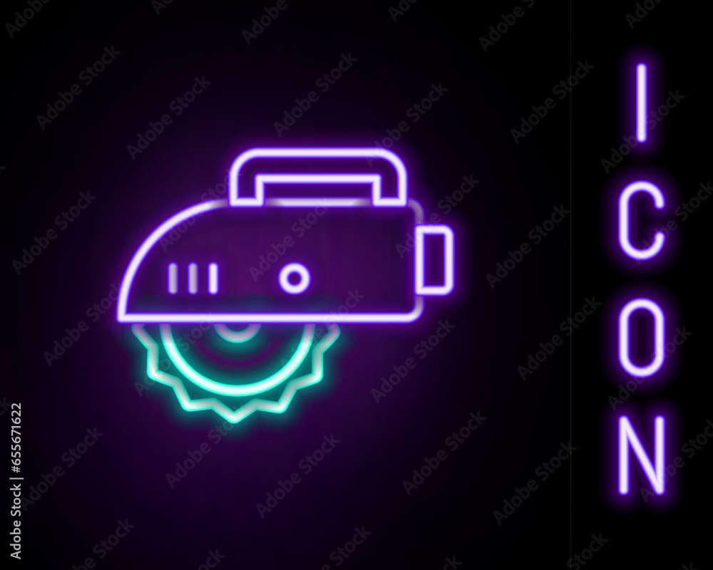 Glowing neon line Electric circular saw with steel toothed disc icon isolated on black background. Electric hand tool for cutting wood or metal. Colorful outline concept. Vector Glowing neon line Electric circular saw with steel toothed disc icon isolated on black background. Electric hand tool for cutting wood or metal. Colorful outline concept. Vector