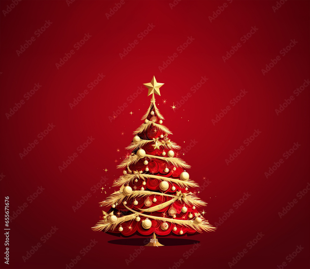 illustration of christmas tree on red background Created with Generative AI illustration of christmas tree on red background Created with Generative AI